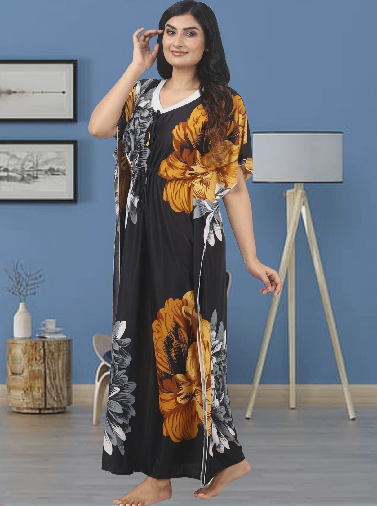 Noty Women's Kaftan Nighty | Serena Fabric | Floral Print Maxi | Short Sleeves | V Shaped Neck