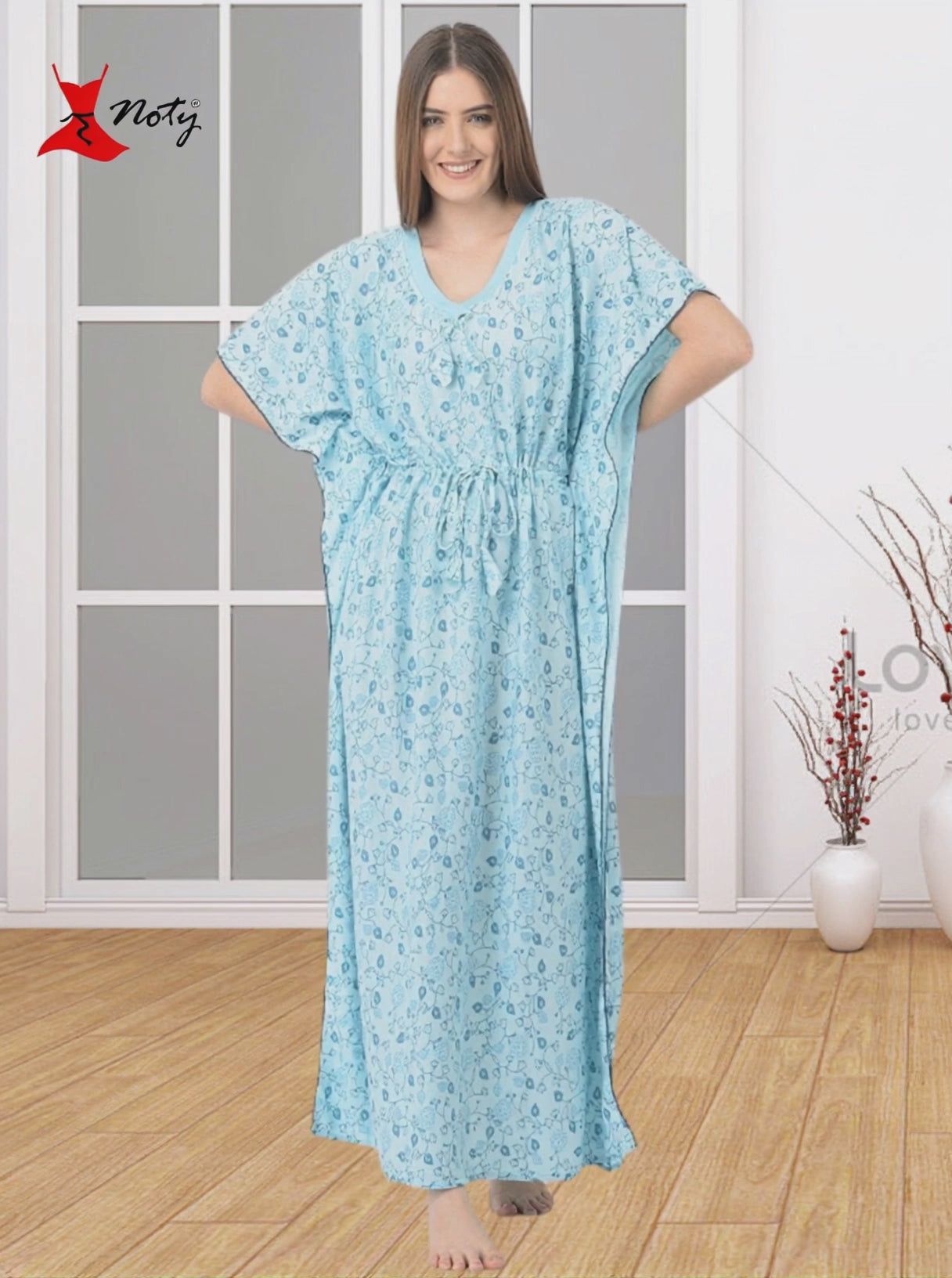 Noty Women's Soft Cotton Kaftan Maxi Nightgown Nighty Nightdress Nightwear -V-Neck- Floral