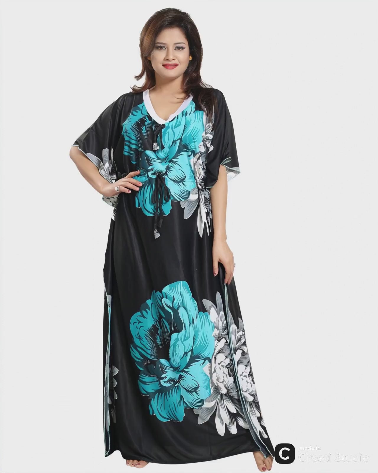 Noty Women's Kaftan Nighty | Serena Fabric | Floral Print Maxi | Short Sleeves | V Shaped Neck