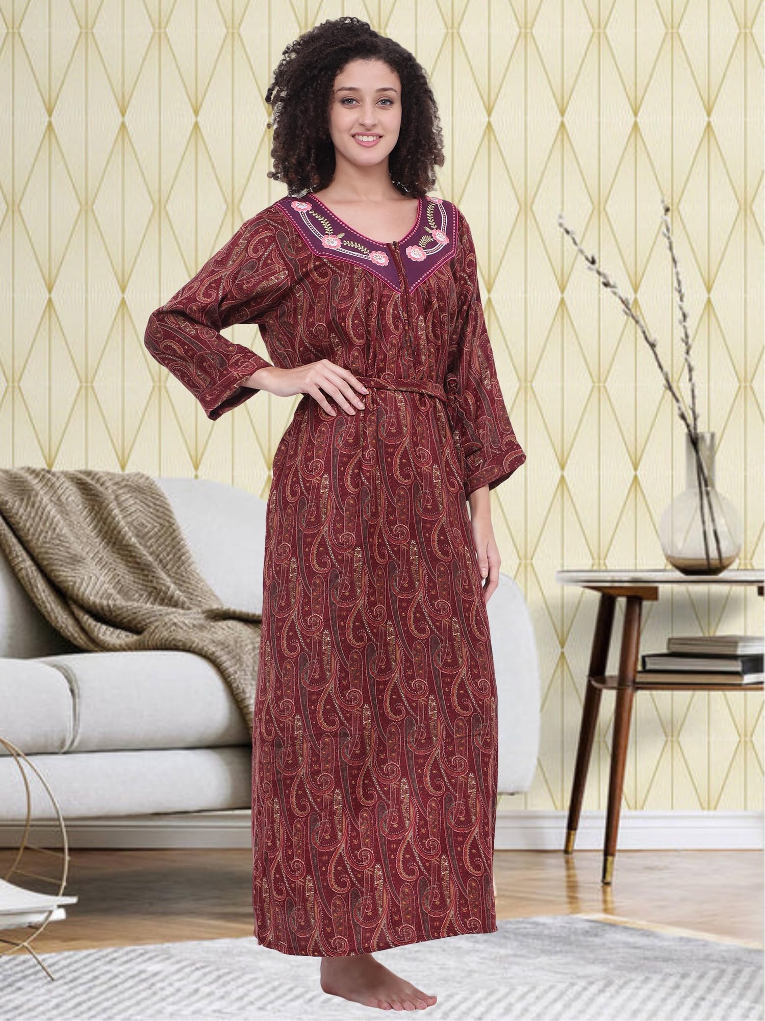 Noty® Women's Winter Nighty | Pashmina Blend | Full Sleeves |Embroidery Work On Neck with Zip Clousre | Maxi for Women