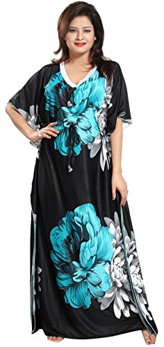 Noty Women's Kaftan Nighty | Serena Fabric | Floral Print Maxi | Short Sleeves | V Shaped Neck