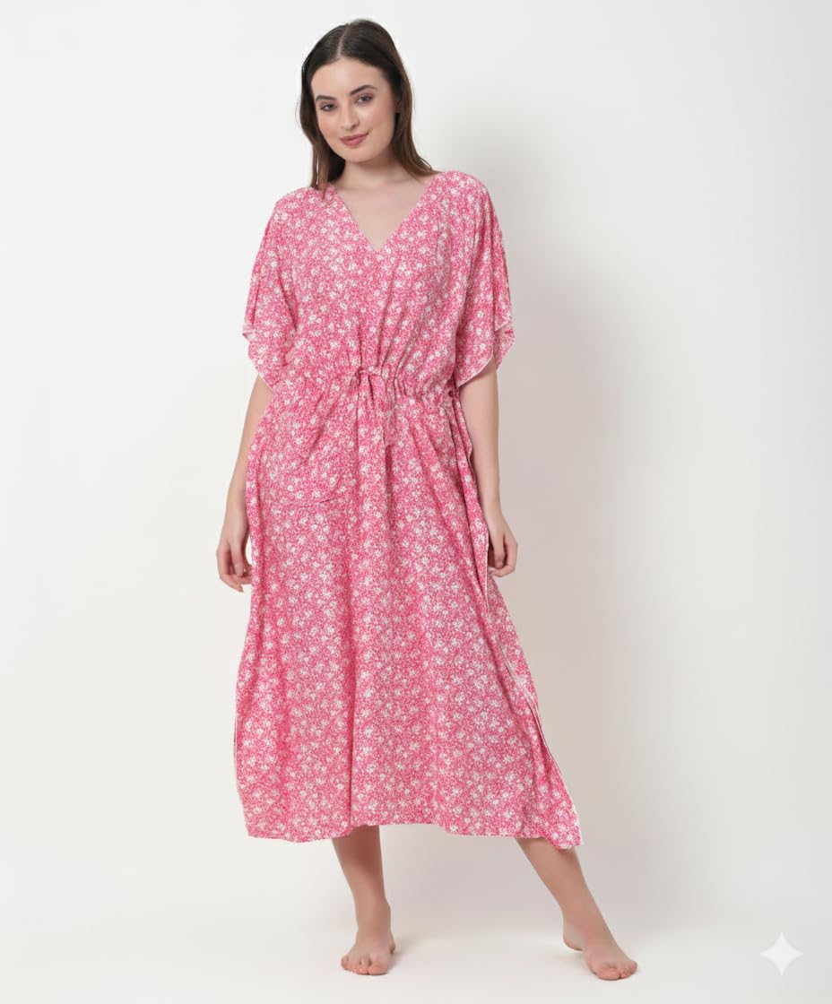 Noty® Women's-Printed Rayon Maternity & Nursing Kaftan with Both Side Zippers and Pockets | Soft & Breathable Feeding Nightwear Dress