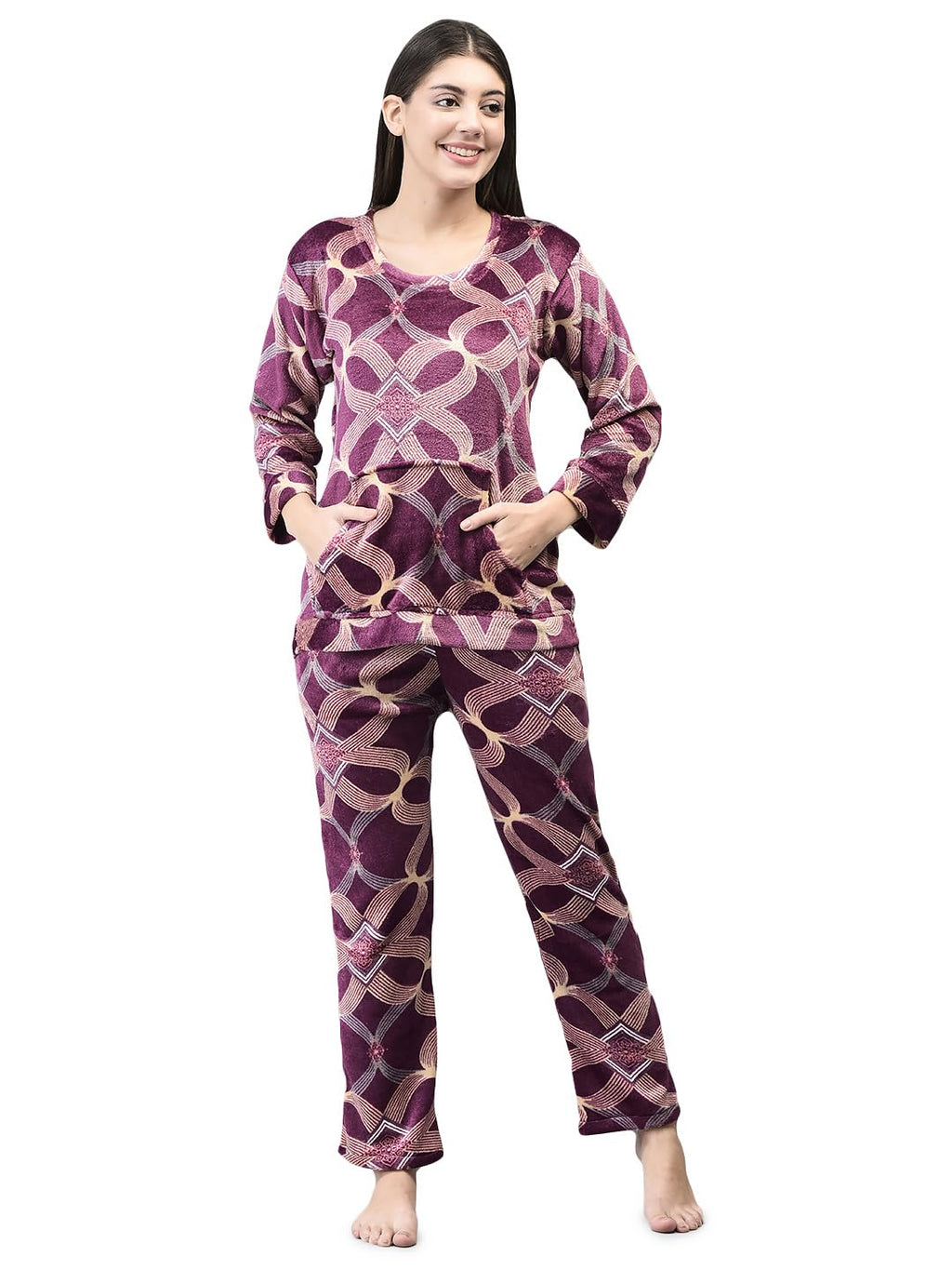 Noty- Night Suit Winter Velvet-Round Neck- Printed