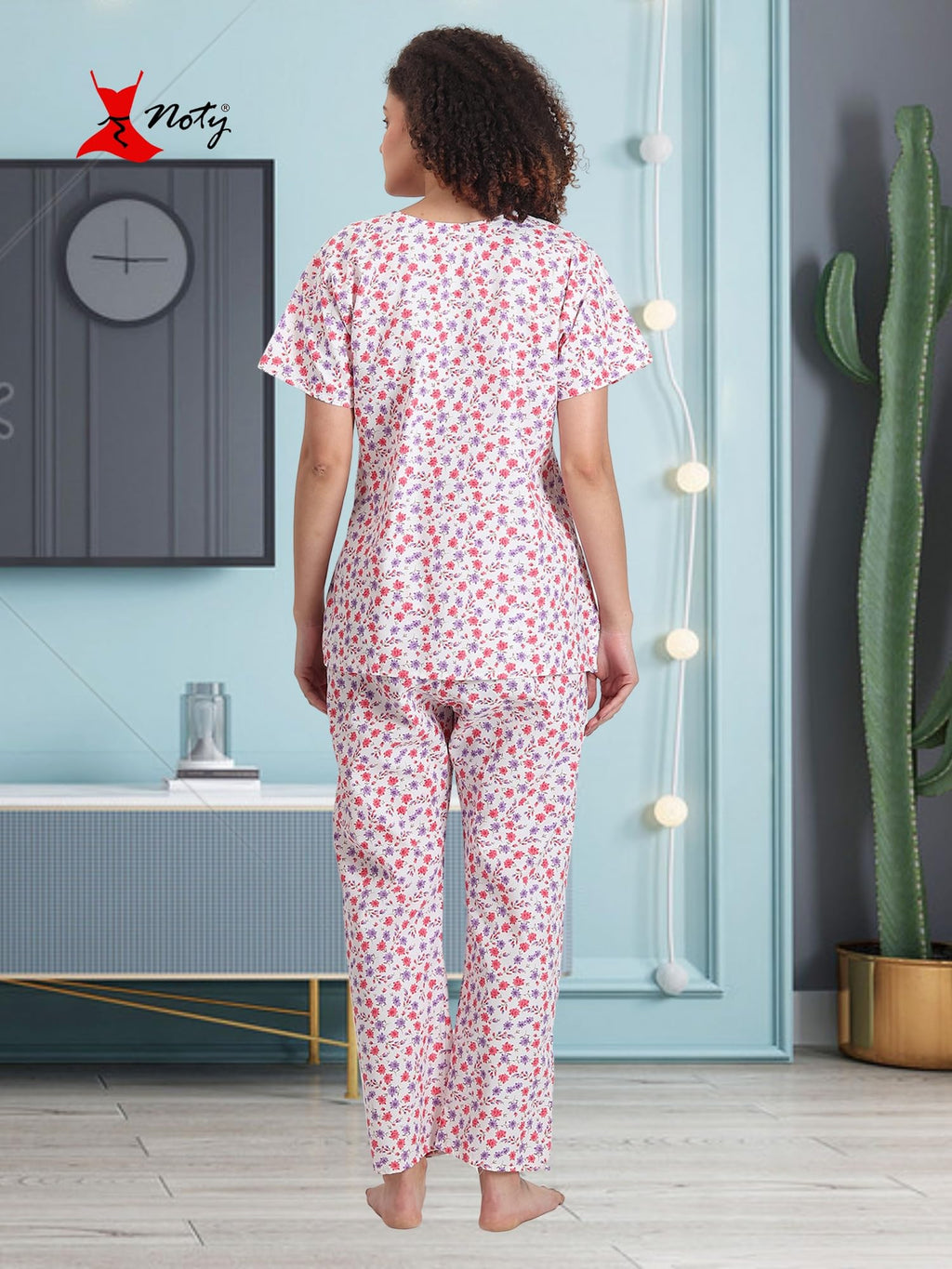 Noty ® Girl's/Women's Polyester and Cotton Mixed- Small Floral Printed- Night Suit/Night Wear/Lounge Wear/Night Dress