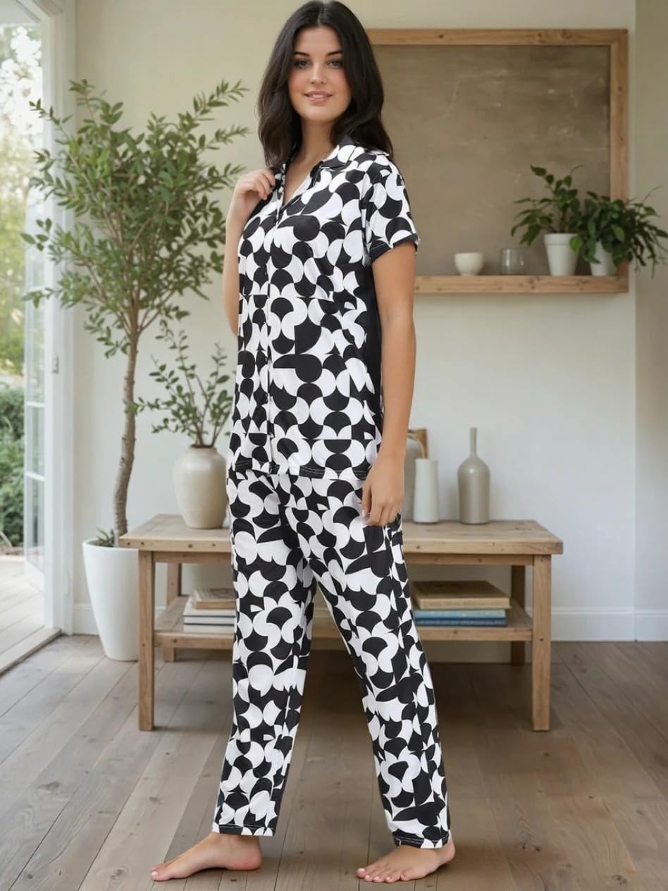 Noty ® Girl's/Women's Night Suit- Serena- Cool Print, Short Sleeves, V Neck