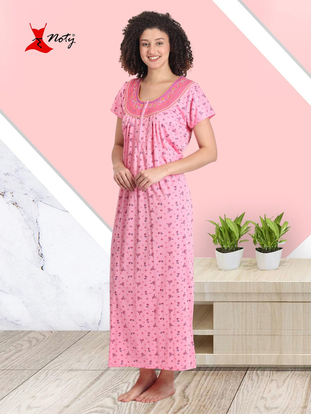 Noty® Women's- Nighty | Maxi | Gown- Poly Viscose Knits Fabric- Embroidery, Full Sleeves, Zip Closure