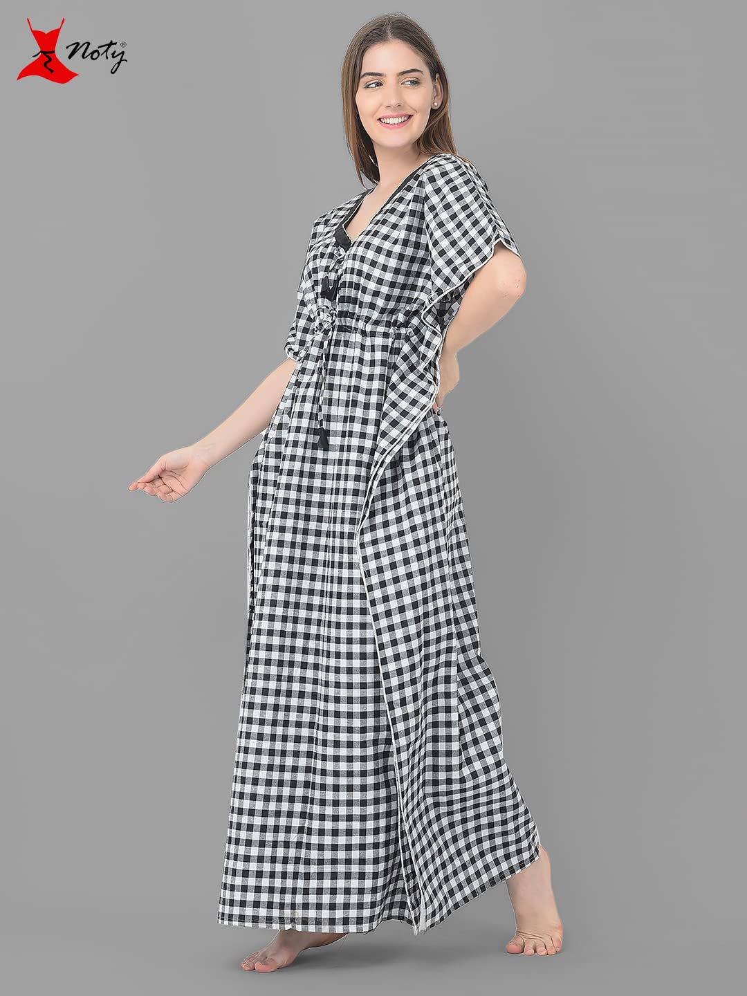 Noty Women Soft Cotton Kaftan Nighty | Check Print | Cotton Nighty | V Neck | Nightwear Nightdress