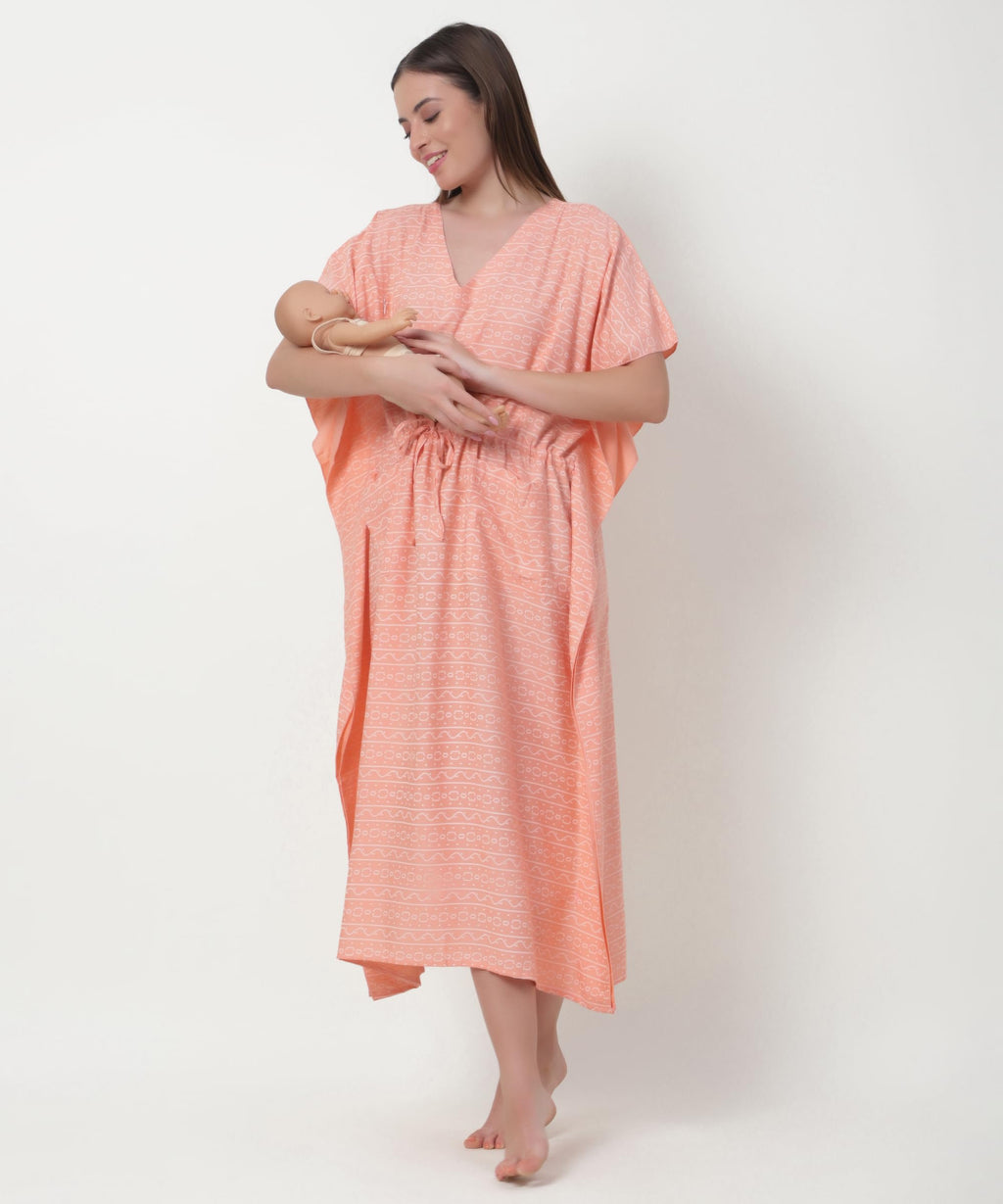 Noty® Women's-Printed Rayon Maternity & Nursing Kaftan with Both Side Zippers and Pockets | Soft & Breathable Feeding Nightwear Dress
