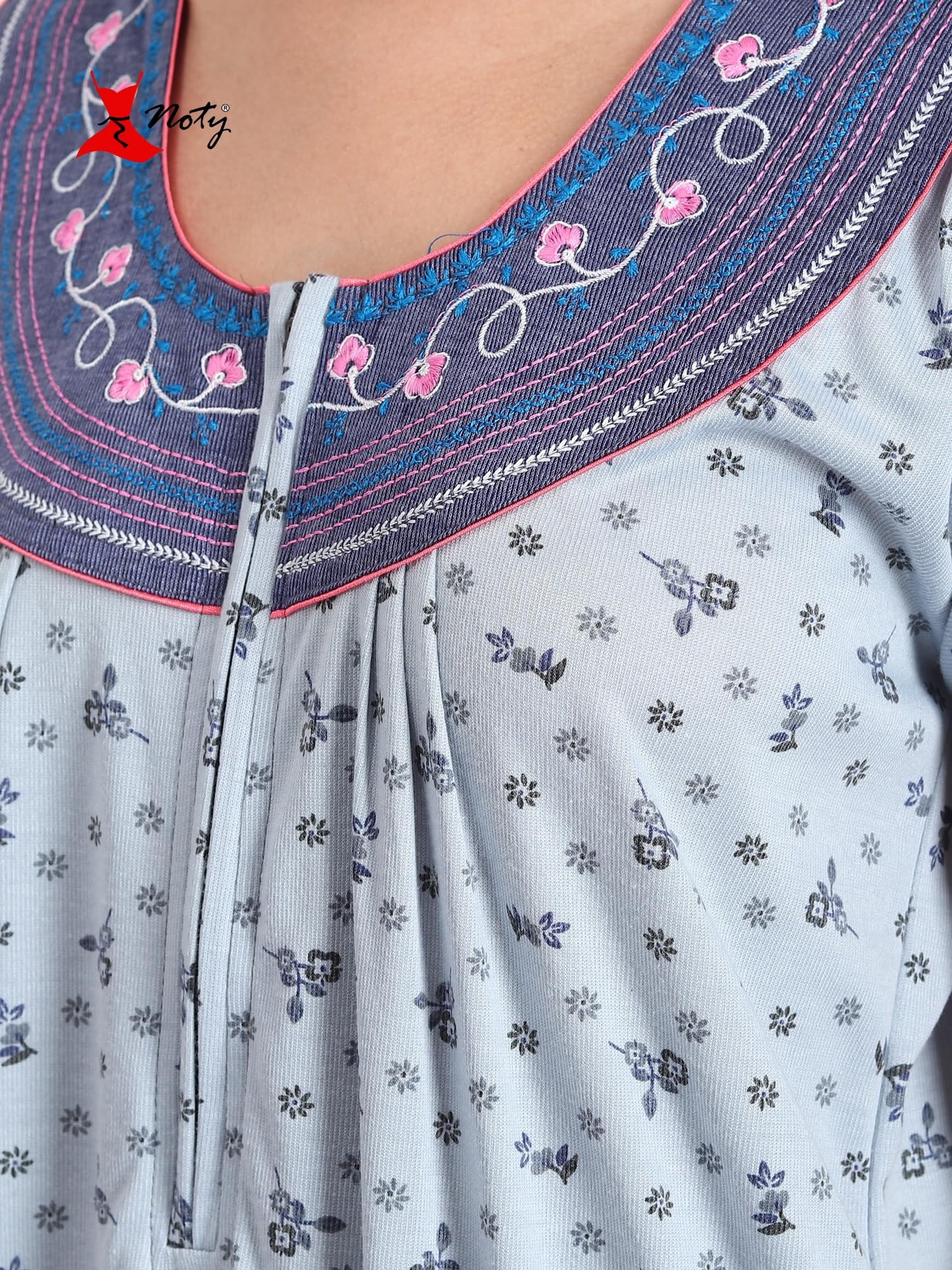 Noty® Women's- Nighty | Maxi | Gown- Poly Viscose Knits Fabric- Embroidery, Full Sleeves, Zip Closure