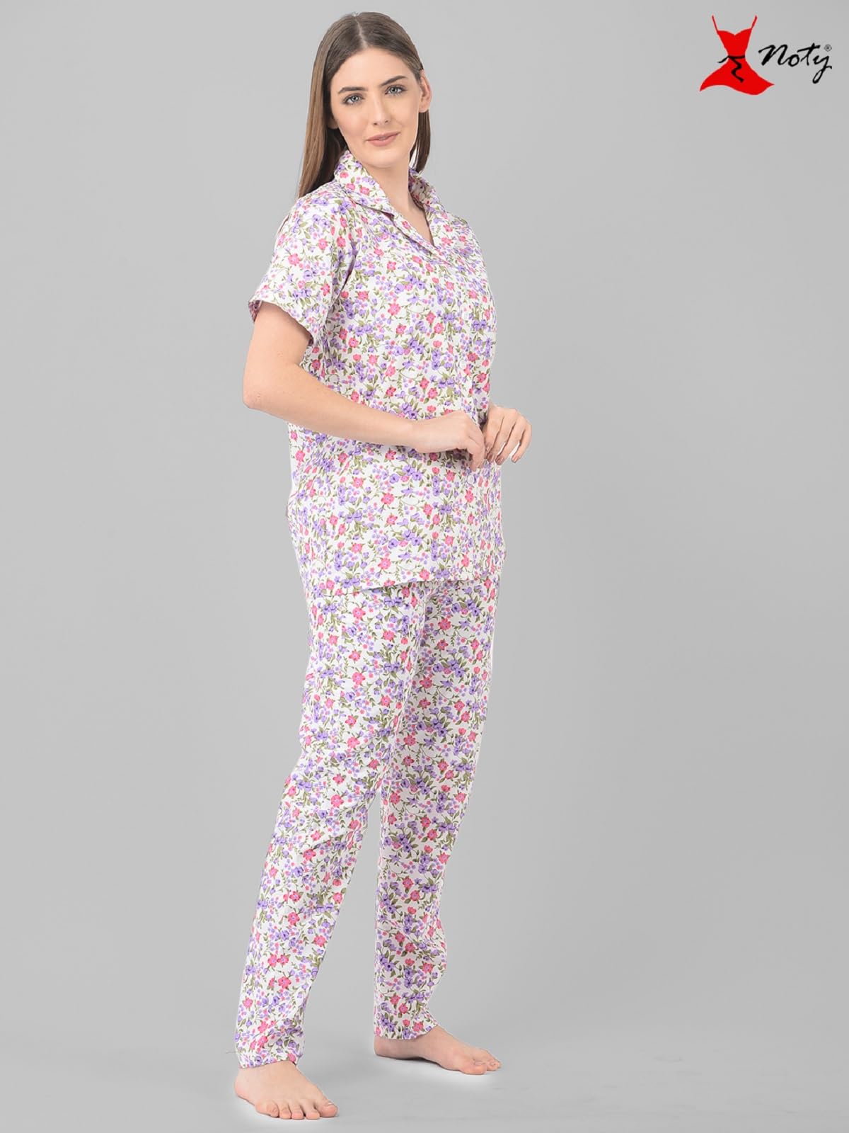 Noty ® Girl's/Women's Polyester and Cotton Mixed- Small Floral Printed- Night Suit/Night Wear/Lounge Wear/Night Dress