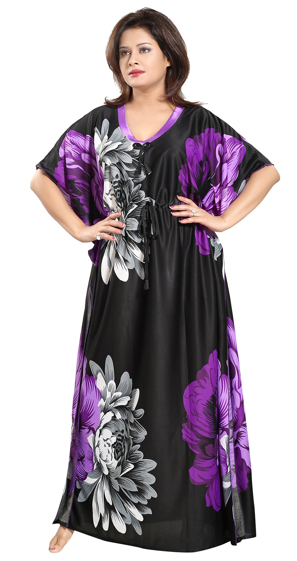Noty Women's Kaftan Nighty | Serena Fabric | Floral Print Maxi | Short Sleeves | V Shaped Neck