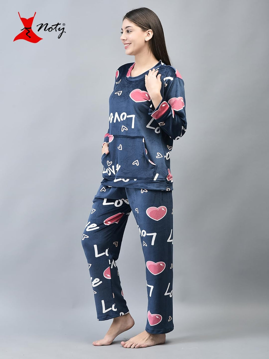 Noty- Night Suit Winter Velvet-Round Neck- Printed