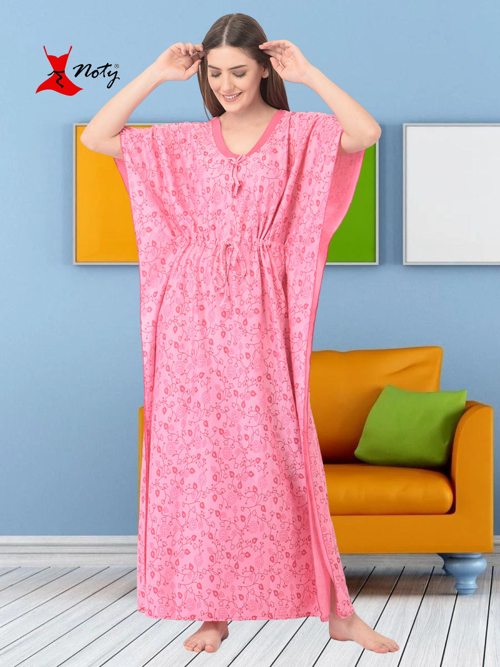 Noty Women's Soft Cotton Kaftan Maxi Nightgown Nighty Nightdress Nightwear -V-Neck- Floral