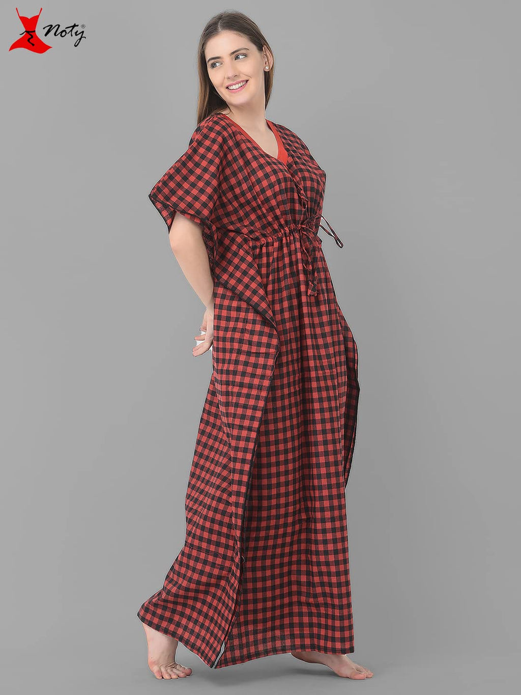 Noty Women Soft Cotton Kaftan Nighty | Check Print | Cotton Nighty | V Neck | Nightwear Nightdress