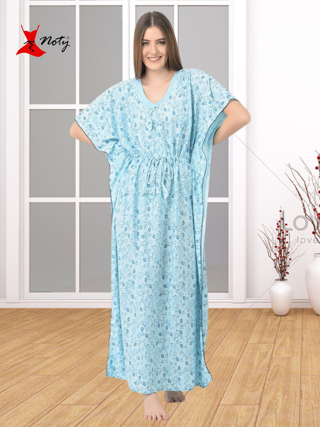Noty Women's Soft Cotton Kaftan Maxi Nightgown Nighty Nightdress Nightwear -V-Neck- Floral