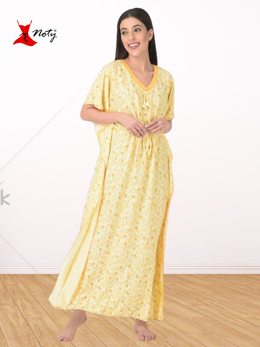 Noty Women's Soft Cotton Kaftan Maxi Nightgown Nighty Nightdress Nightwear -V-Neck- Floral