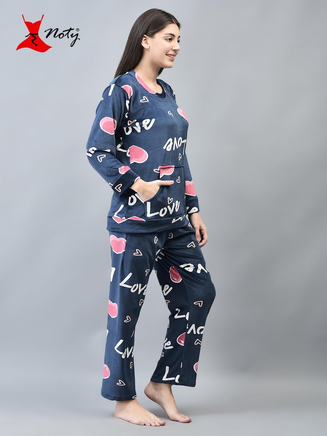 Noty- Night Suit Winter Velvet-Round Neck- Printed