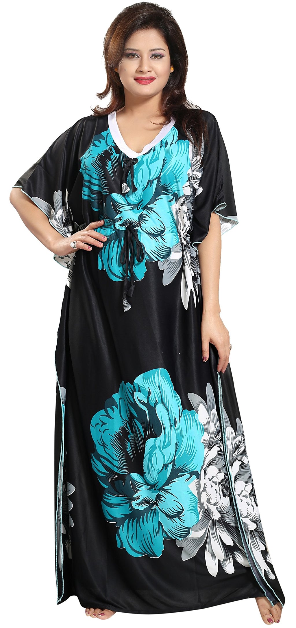 Noty Women's Kaftan Nighty | Serena Fabric | Floral Print Maxi | Short Sleeves | V Shaped Neck