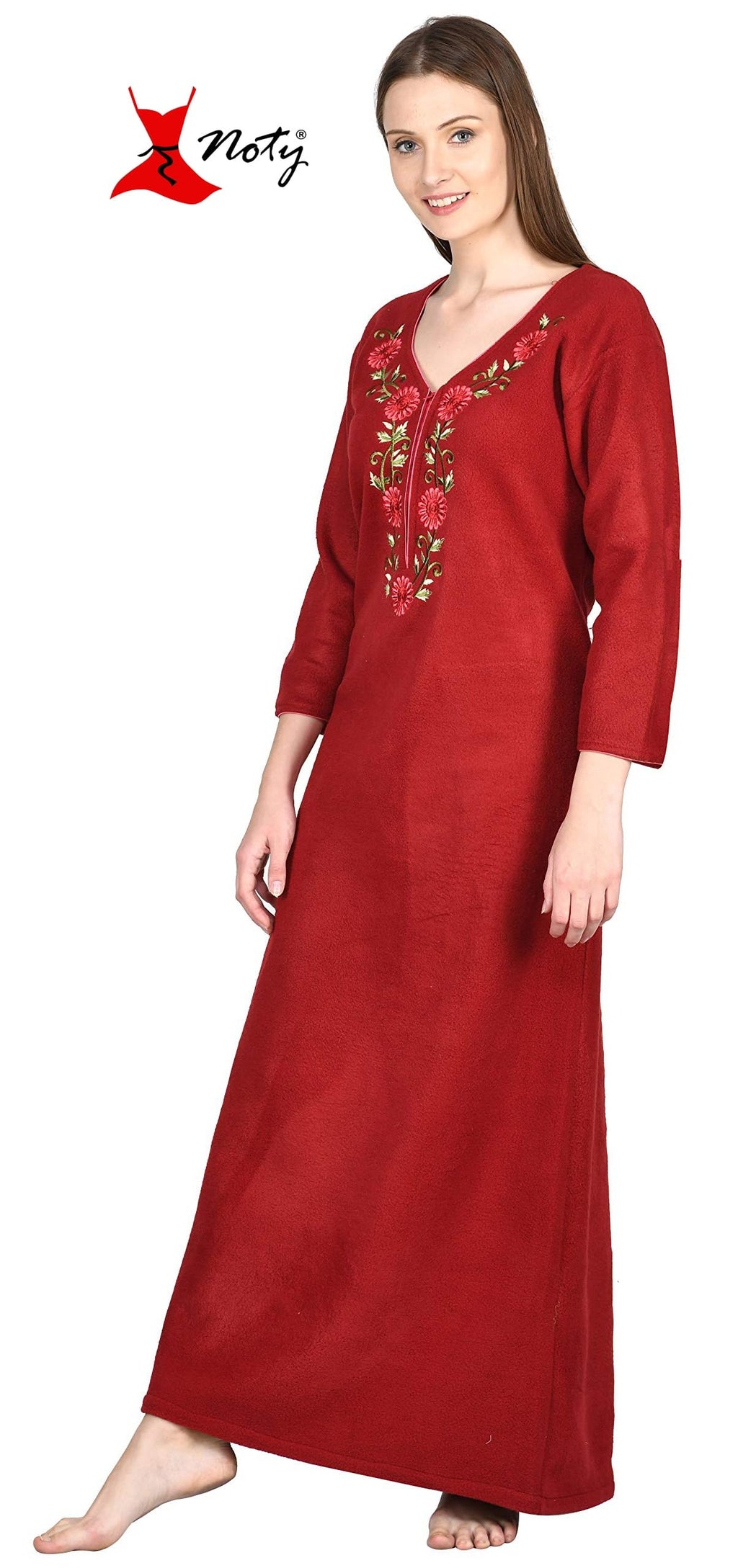 Noty Women Woolen Winter Fleece Nighty 3/4 Sleeve - Punch, Maroon, Deep Purple, Navy Blue