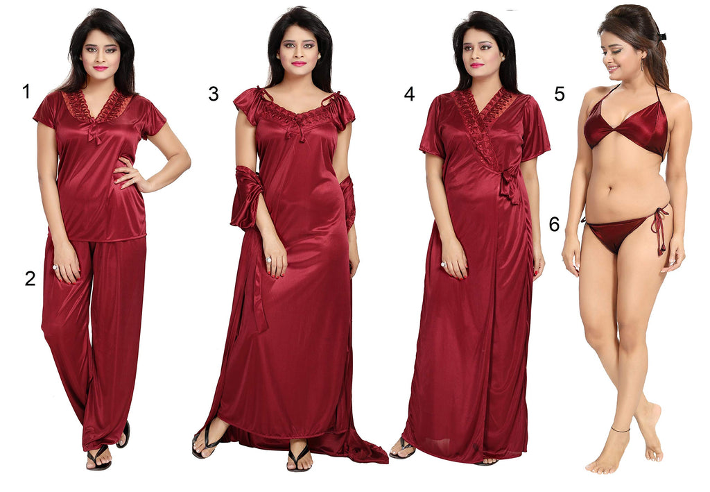 Noty Women's Satin Nighty, Robe, Top, Night Dress - Set of 6/7 (Maroon, Free Size)