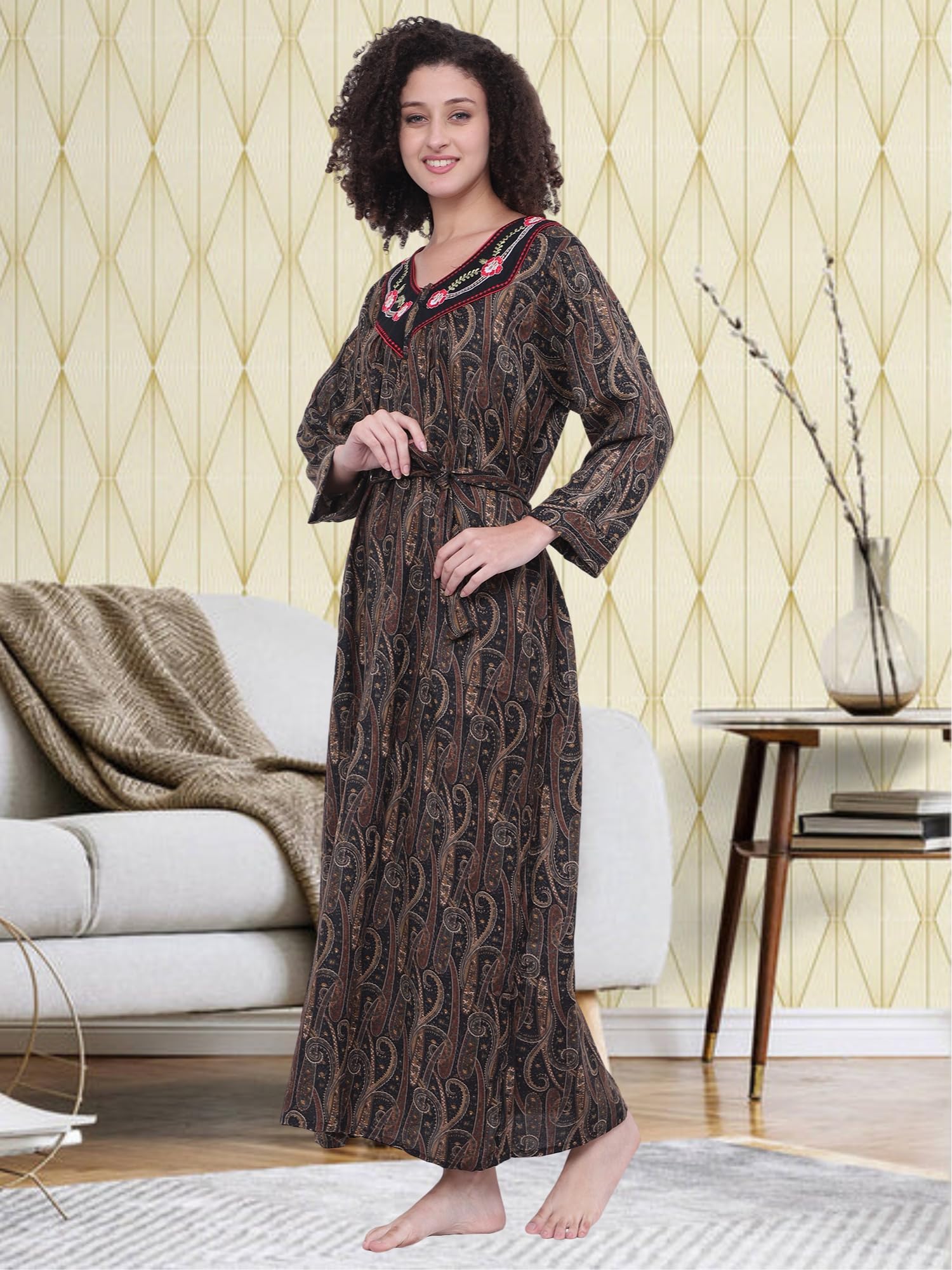 Noty® Women's Winter Nighty | Pashmina Blend | Full Sleeves |Embroidery Work On Neck with Zip Clousre | Maxi for Women