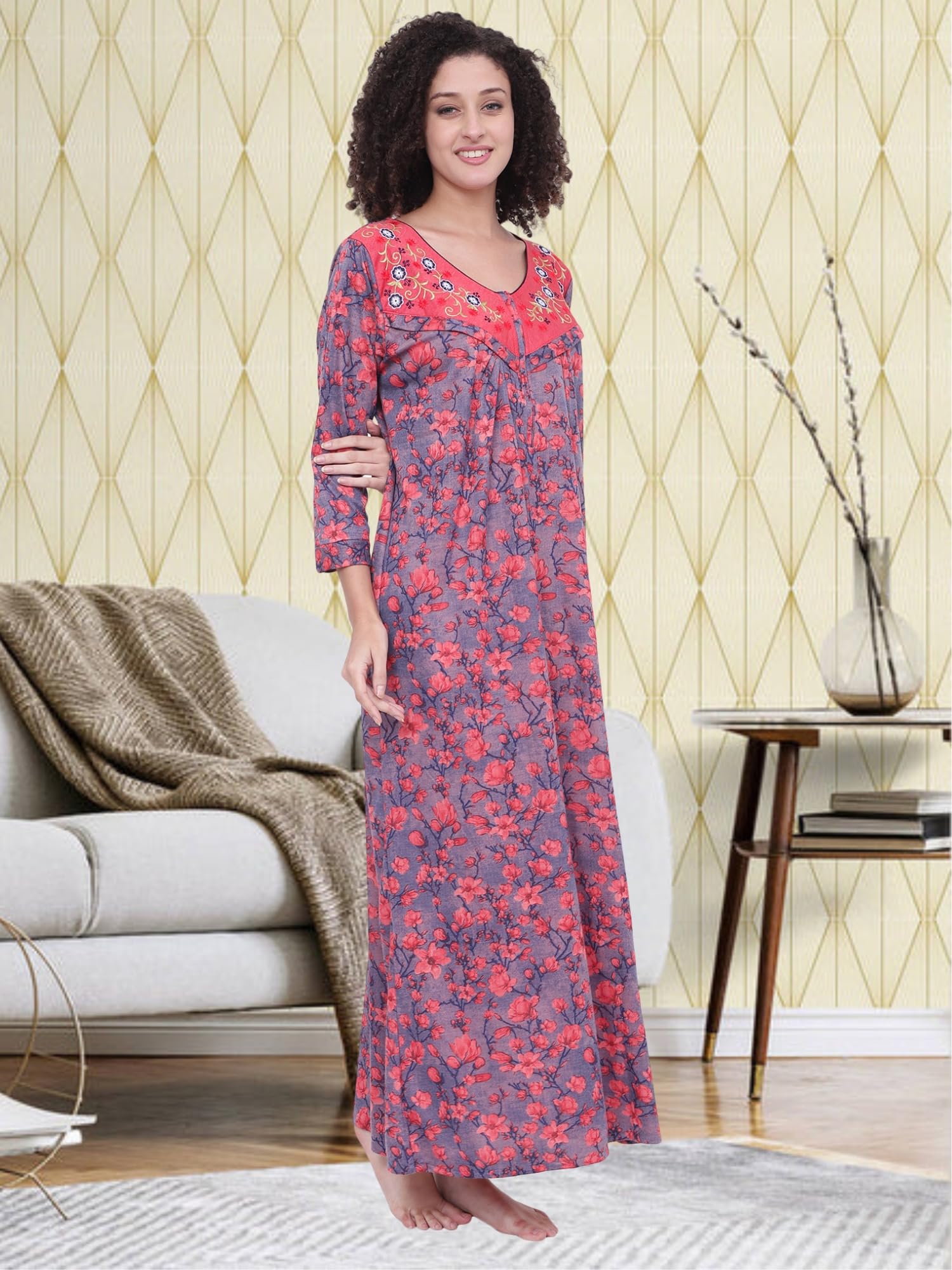 Noty ® Women's- Maternity | Feeding | Nursing | Nighty/Maxi/Gown- Poly Viscose Knits Fabric- Floral Embroidery, Zip on Both Sides, Full Sleeves