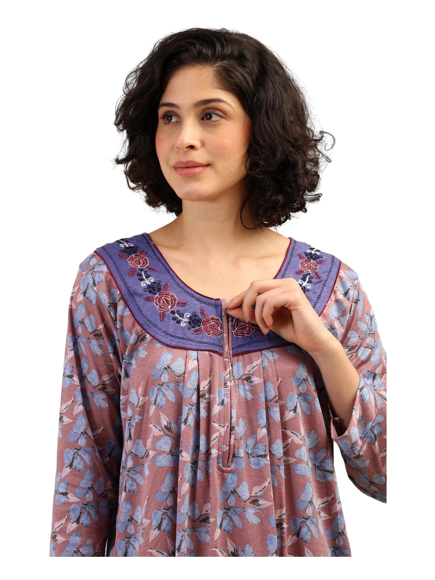 Noty® Women's- Nighty | Maxi | Gown- Poly Viscose Knits Fabric- Embroidery, Full Sleeves, Zip Closure