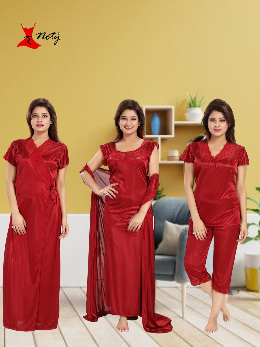Noty Women's Satin Plain/Solid Nightwear Set Pack of 4