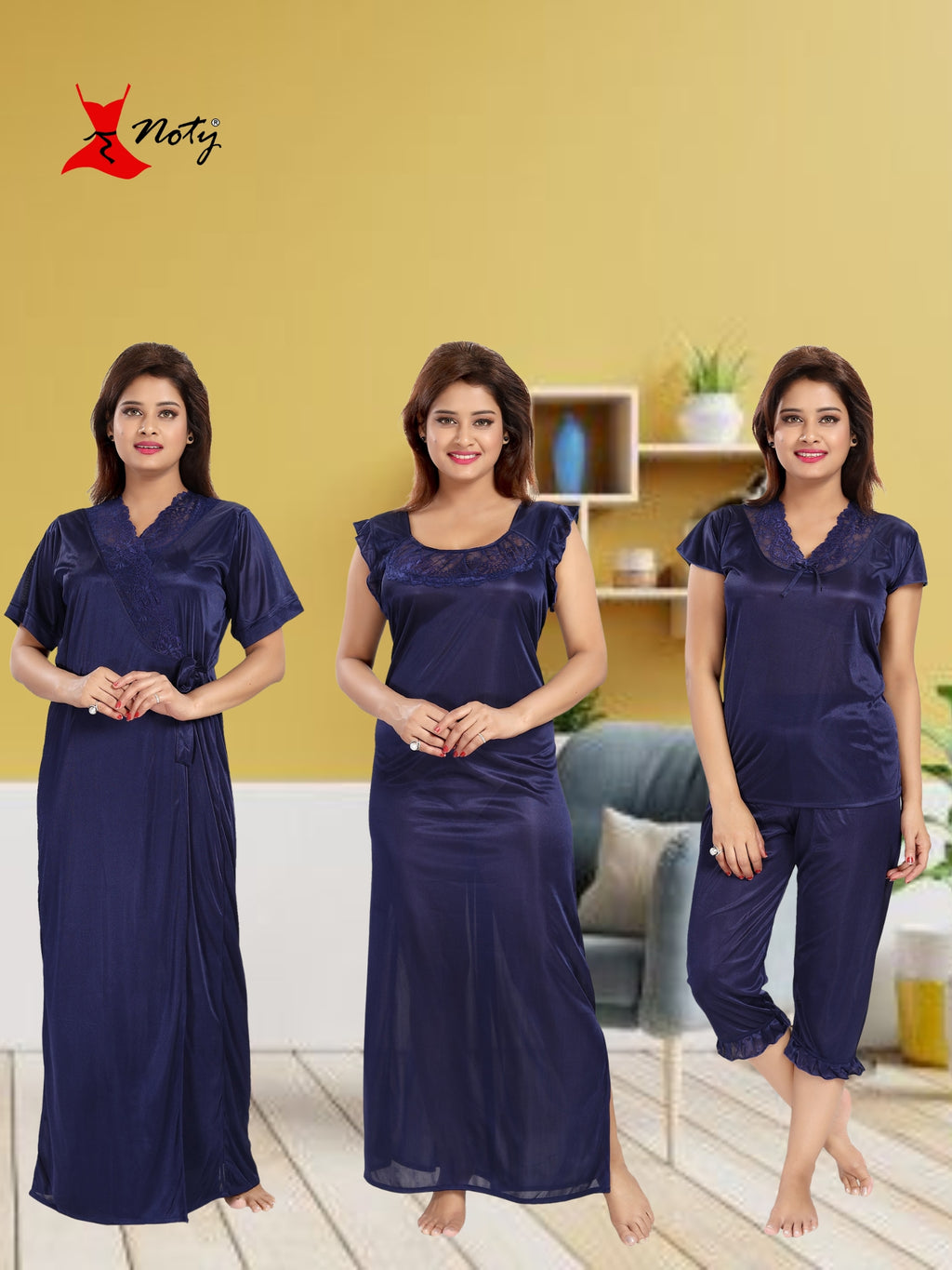 Noty Women's Satin Plain/Solid Nightwear Set Pack of 4