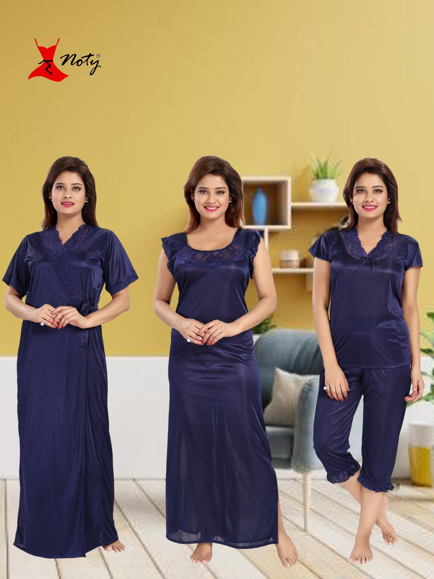 Noty Women's Satin Plain/Solid Nightwear Set Pack of 4