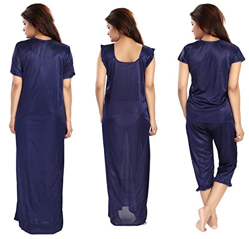 Noty Women's Satin Solid Capri Nightwear Set Pack of 7 (Navy Blue, Free Size)