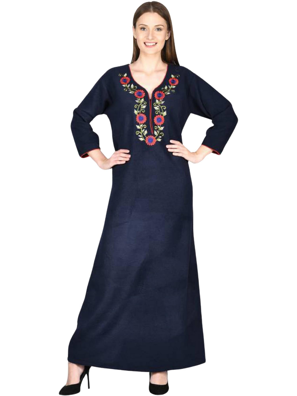 Noty Women Woolen Winter Fleece Nighty 3/4 Sleeve - Punch, Maroon, Deep Purple, Navy Blue