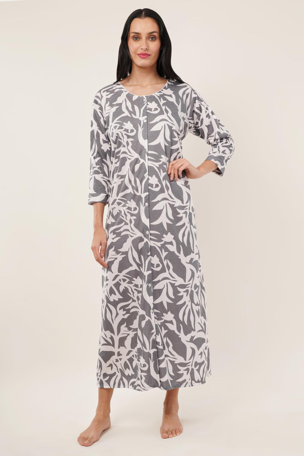 Noty® Women's- Maternity/Hospital/Delivery Gown- Poly Viscose Knits Fabric- Front Open | Printed | Round Neck with Button Closure | Pocket | Full Sleeves