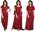 Noty Women's 4 Pc Nighty Set | Satin Nighty | Maxi with Robe | Solid Print | Top with Pajama | Lace work on Neck | Short Sleeves