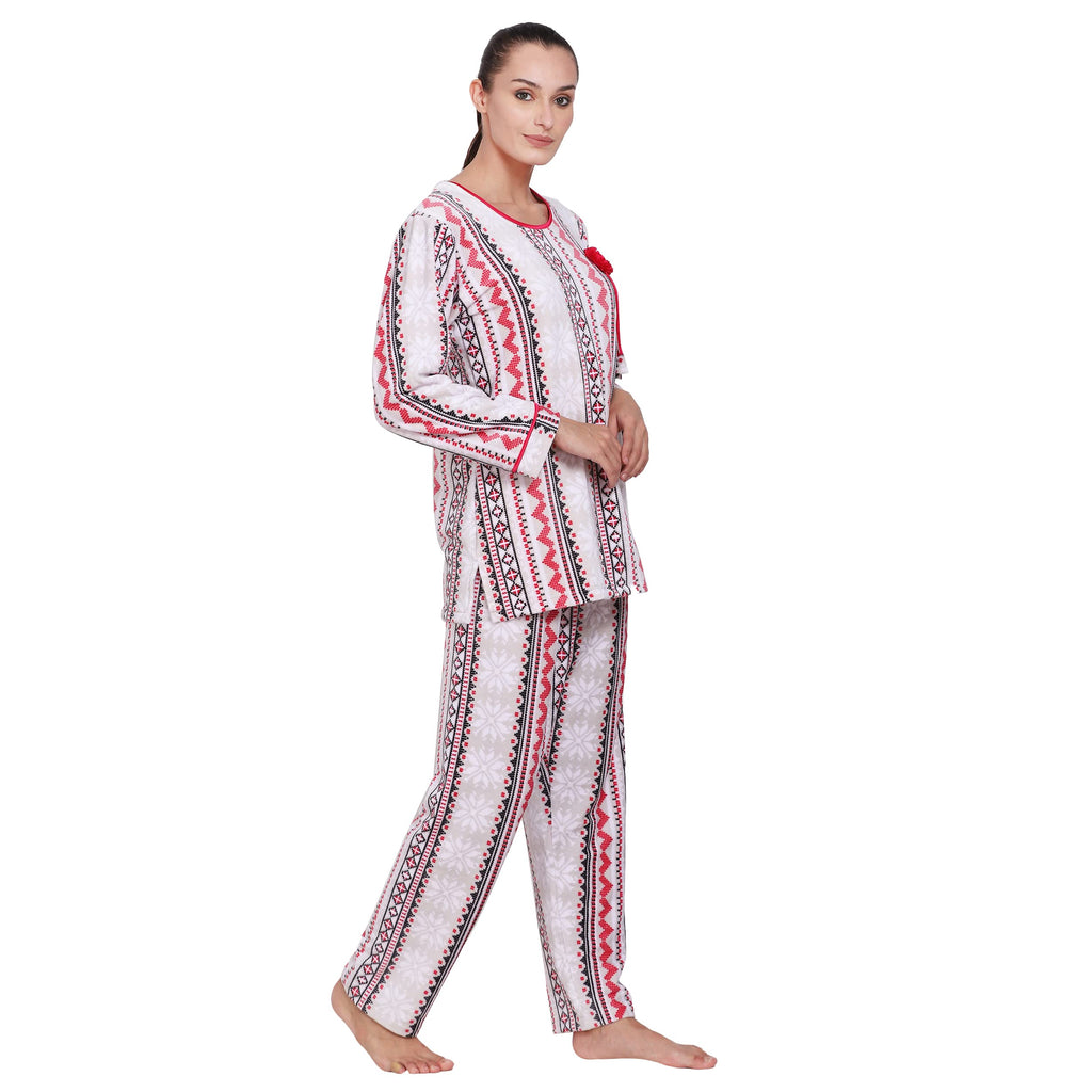 Noty- Night Suit Winter Velvet-Round Neck- Printed