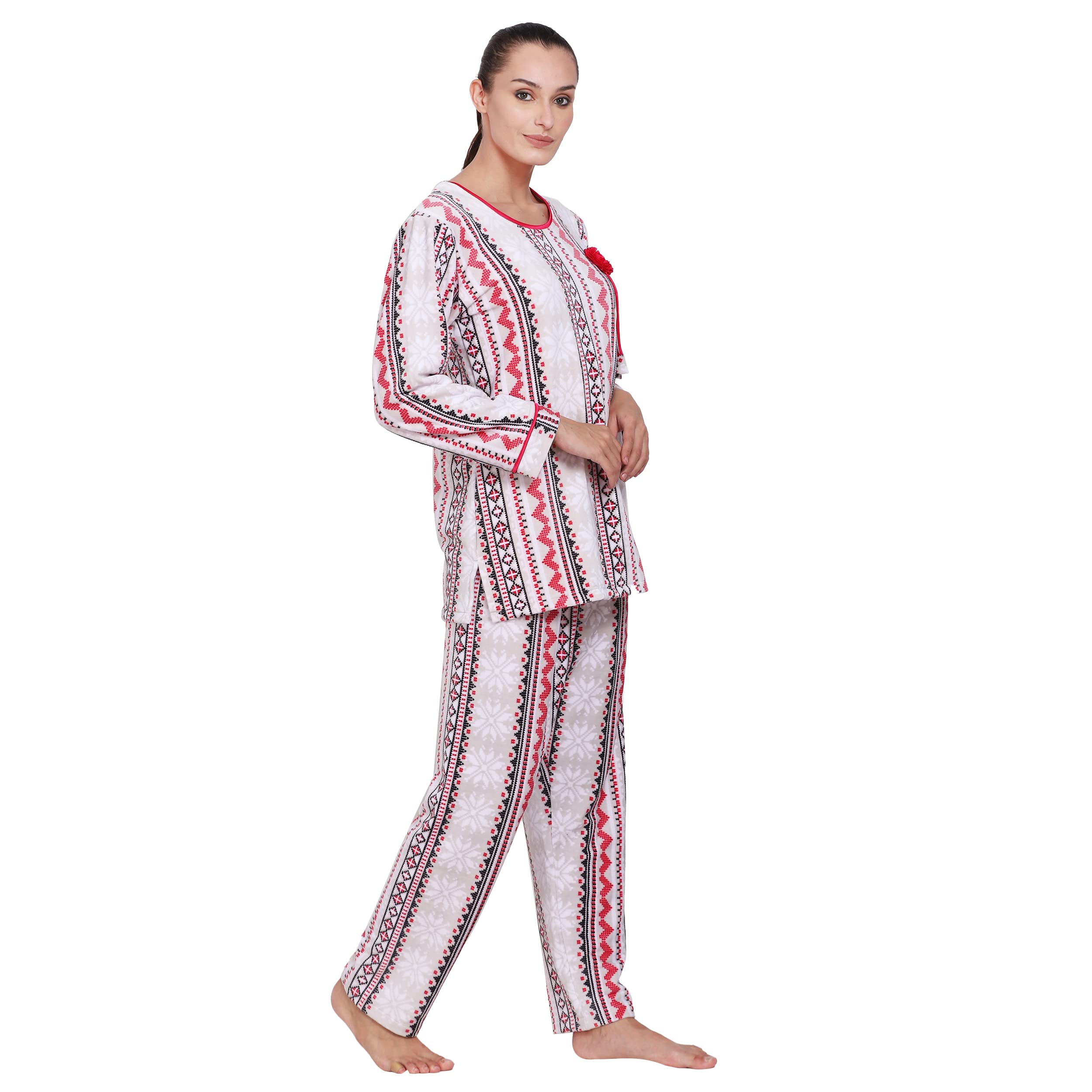 Noty- Night Suit Winter Velvet-Round Neck- Printed