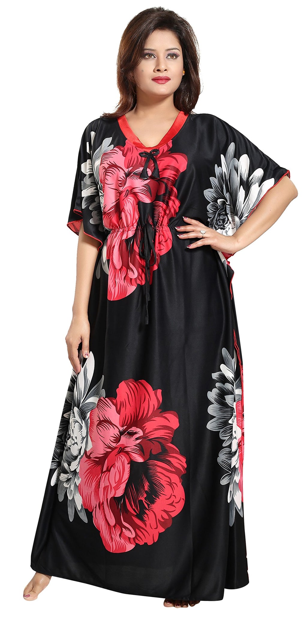Noty Women's Kaftan Nighty | Serena Fabric | Floral Print Maxi | Short Sleeves | V Shaped Neck