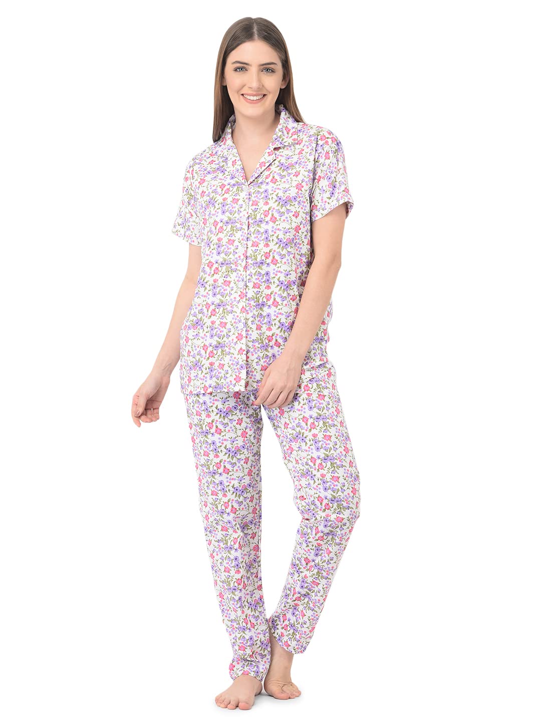 Noty ® Girl's/Women's Polyester and Cotton Mixed- Small Floral Printed- Night Suit/Night Wear/Lounge Wear/Night Dress