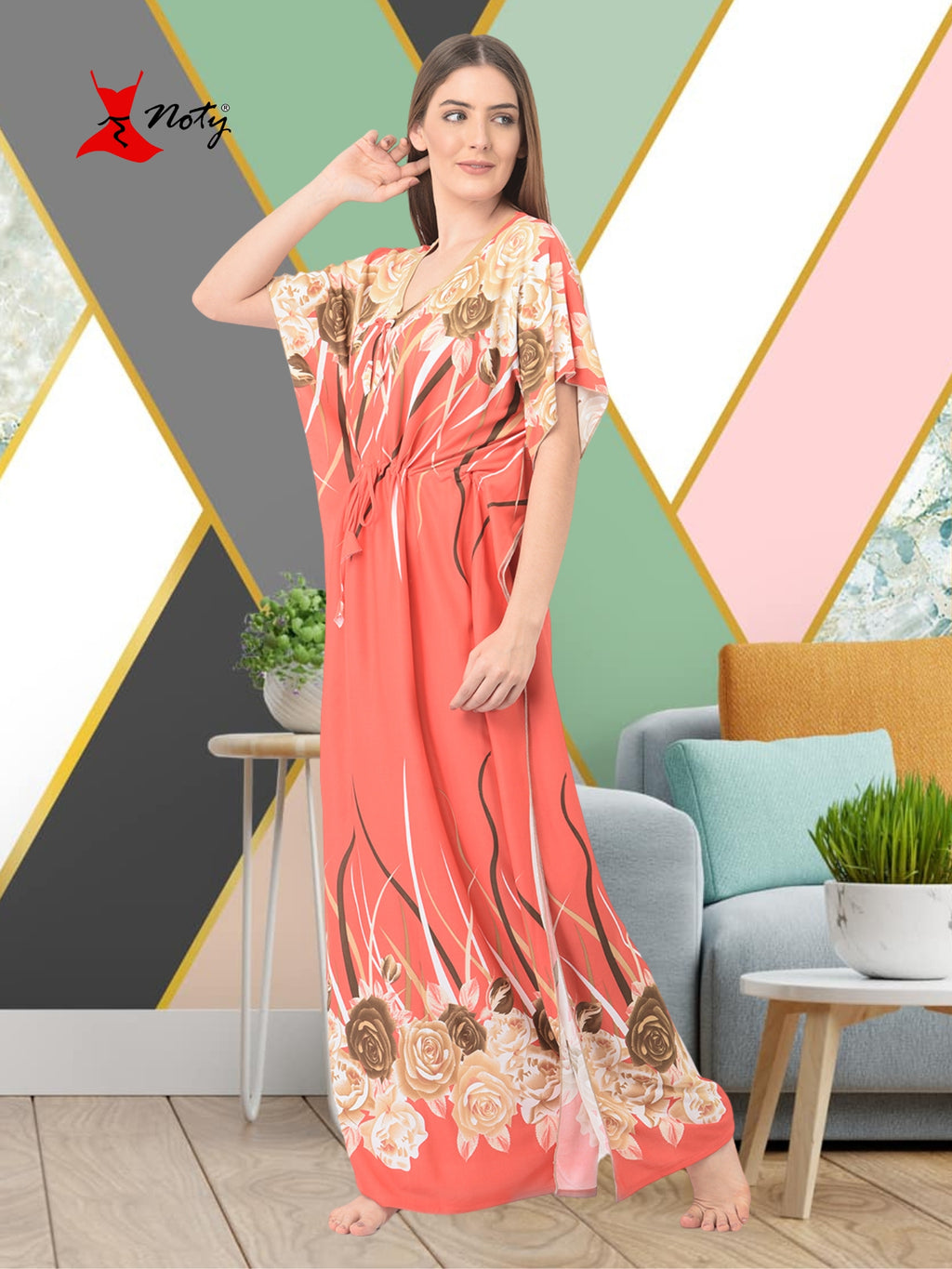 Noty ® Women's Kaftan Nighty | Printed Maxi | Sarena Fabric | Short Slevees Nightie | Nightgown for Girls & Women