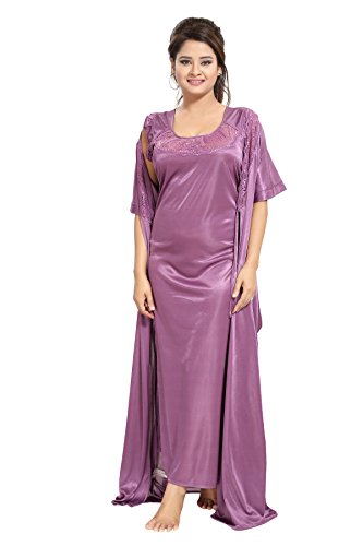 Noty Women's Satin Solid Maxi Nightwear Set Pack of 7 (Purple, Free Size)