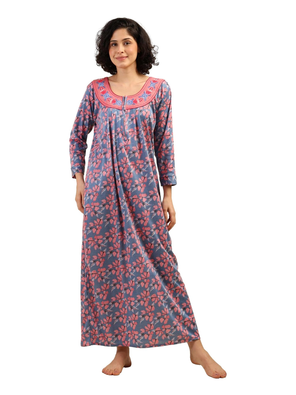 Noty® Women's- Nighty | Maxi | Gown- Poly Viscose Knits Fabric- Embroidery, Full Sleeves, Zip Closure