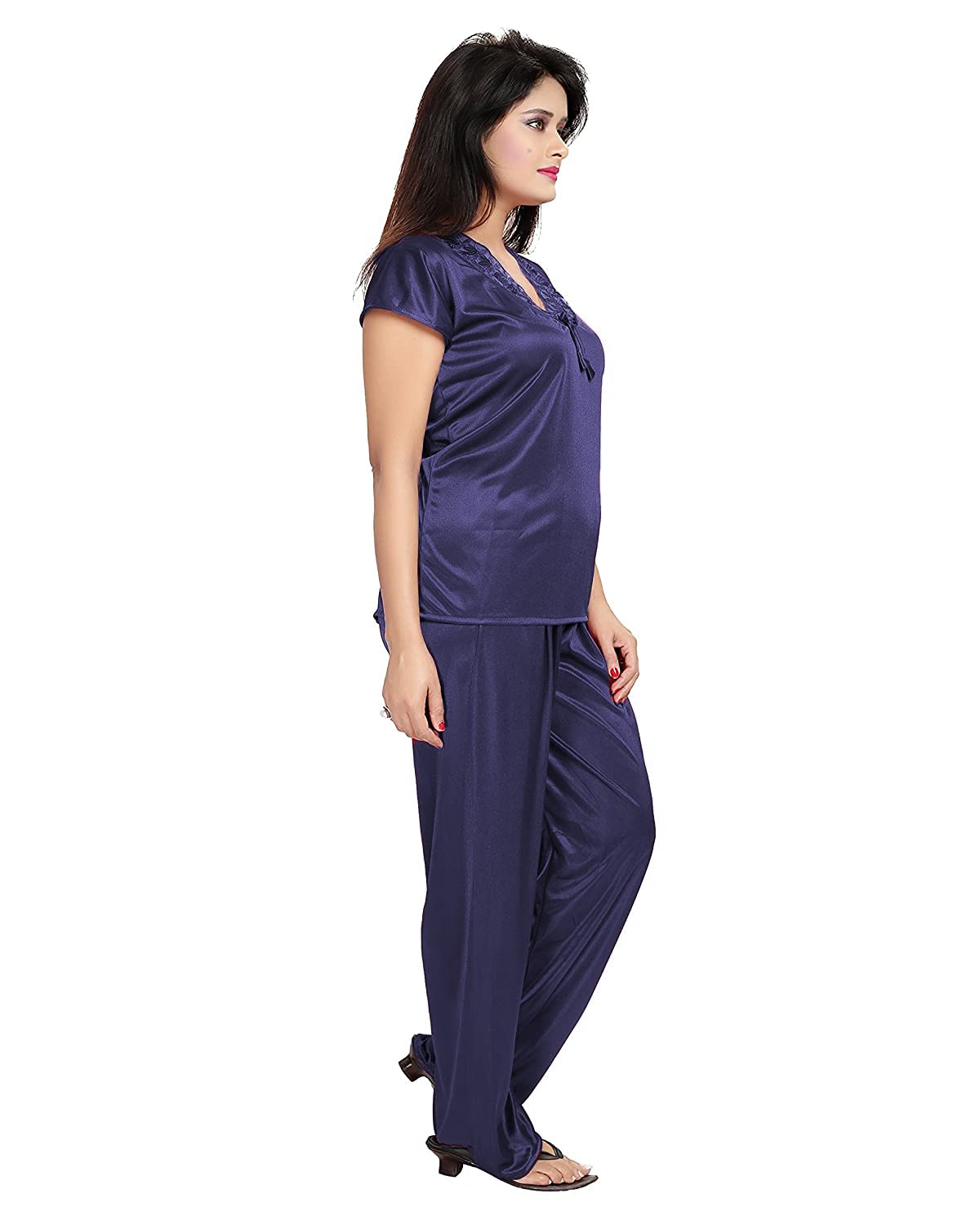 Noty Women's 4 Pc Nighty Set | Satin Nighty | Maxi with Robe | Solid Print | Top with Pajama | Lace work on Neck | Short Sleeves