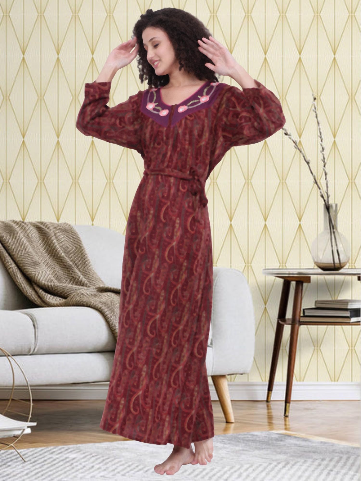 Noty® Women's Winter Nighty | Pashmina Blend | Full Sleeves |Embroidery Work On Neck with Zip Clousre | Maxi for Women