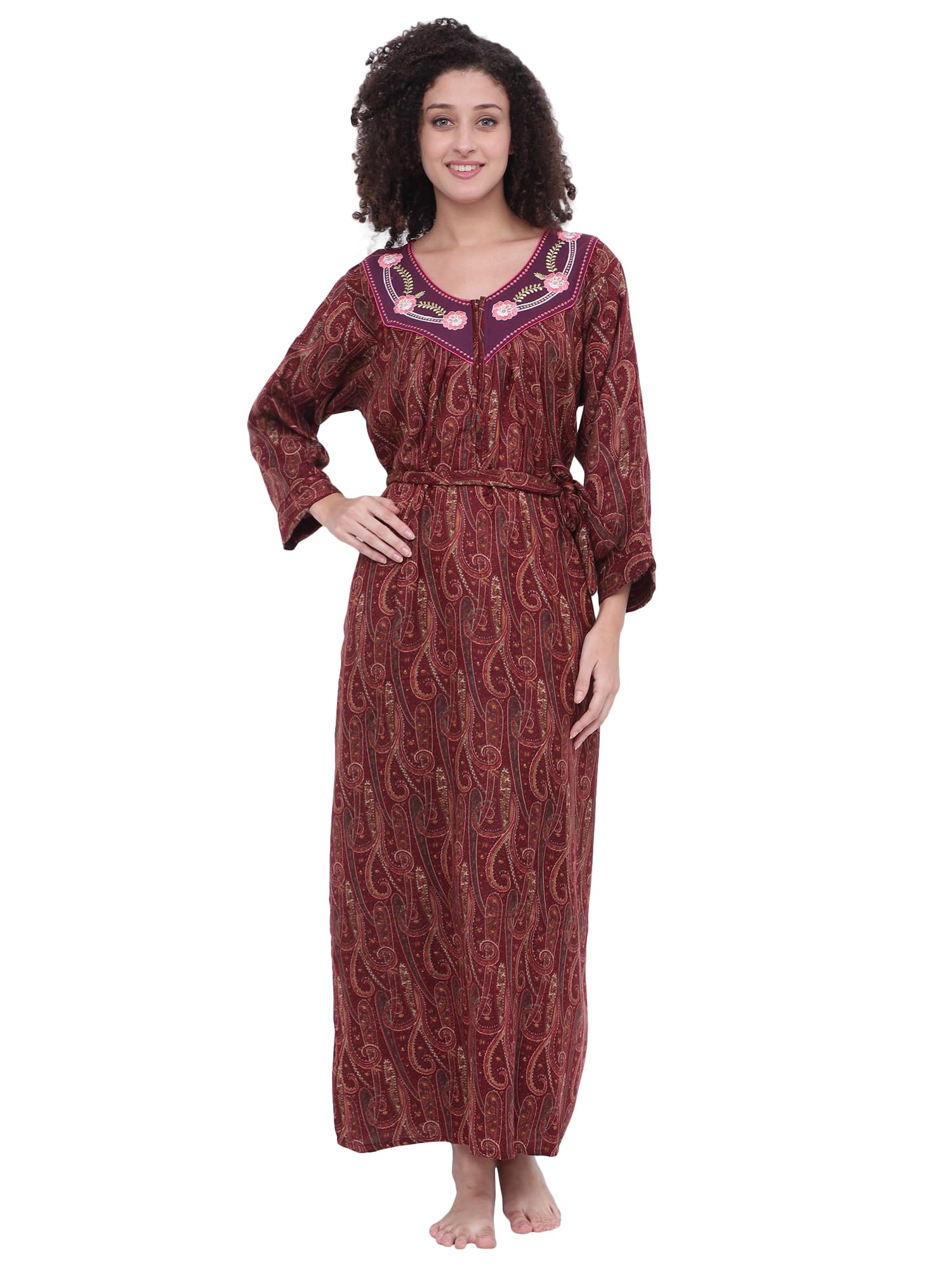 Noty® Women's Winter Nighty | Pashmina Blend | Full Sleeves |Embroidery Work On Neck with Zip Clousre | Maxi for Women