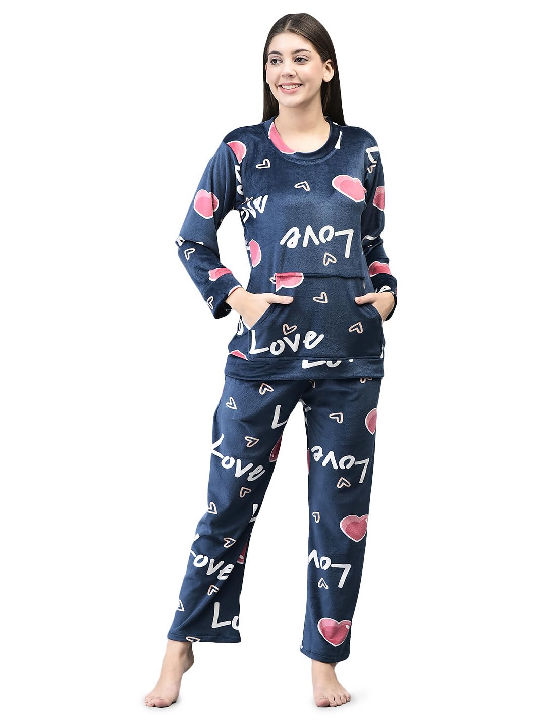 Noty- Night Suit Winter Velvet-Round Neck- Printed