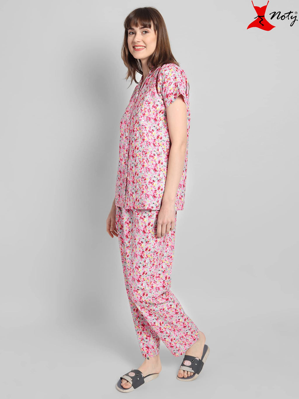 Noty ® Girl's/Women's Polyester and Cotton Mixed- Small Floral Printed- Night Suit/Night Wear/Lounge Wear/Night Dress