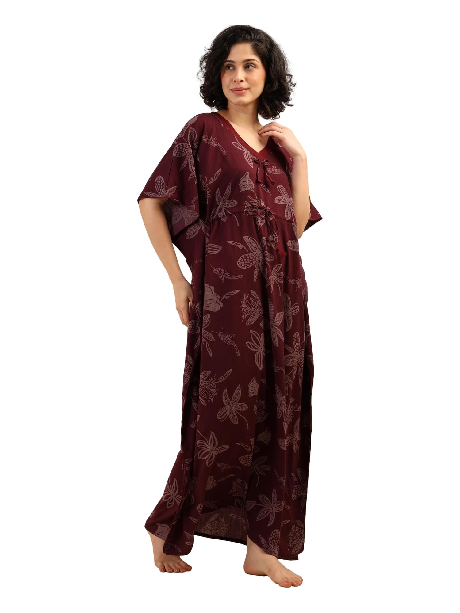 Noty® Women's- Kaftan | Maxi | Gown- 100% Pure Crush Cotton Fabric- V-Neck Floral Print