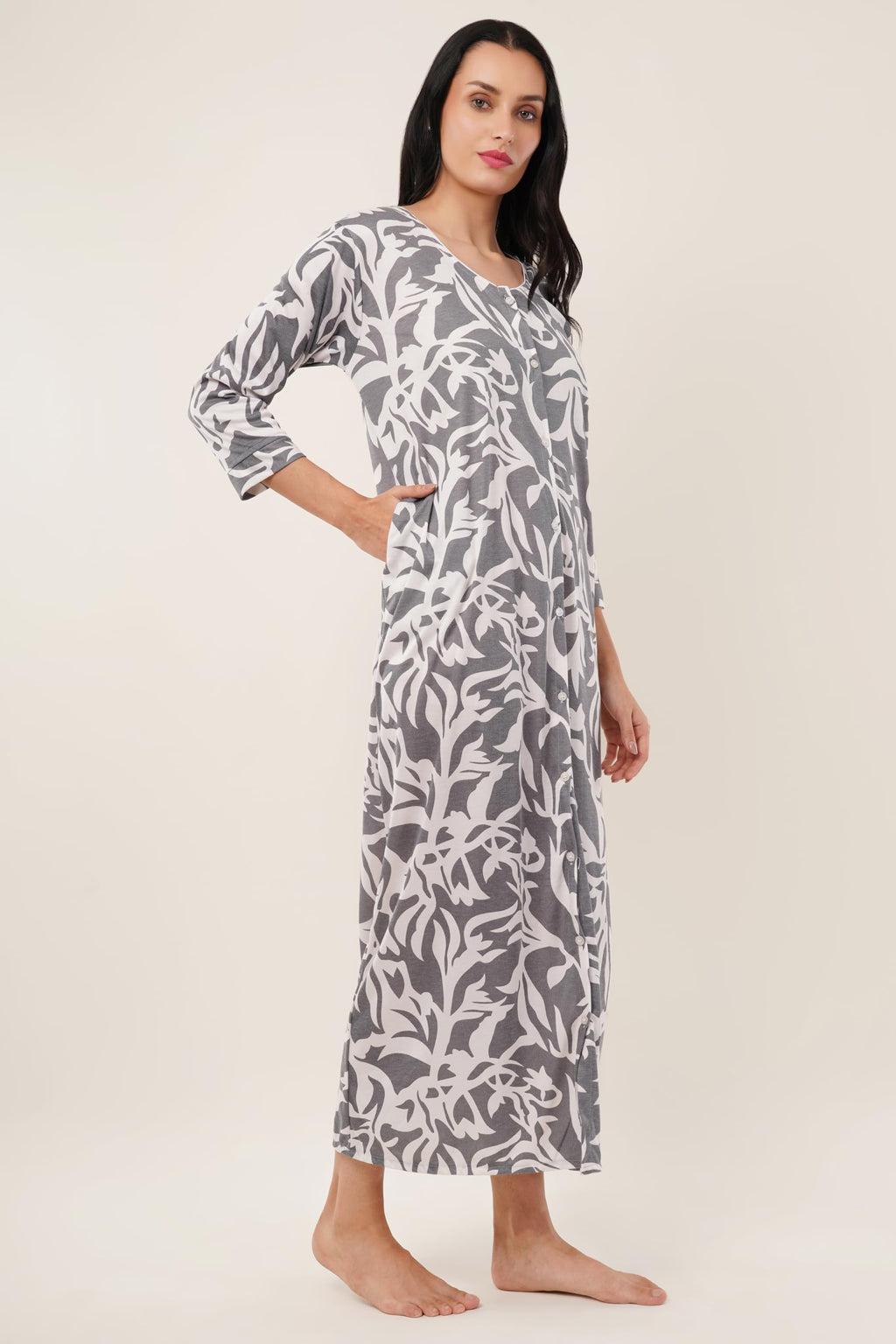 Noty® Women's- Maternity/Hospital/Delivery Gown- Poly Viscose Knits Fabric- Front Open | Printed | Round Neck with Button Closure | Pocket | Full Sleeves