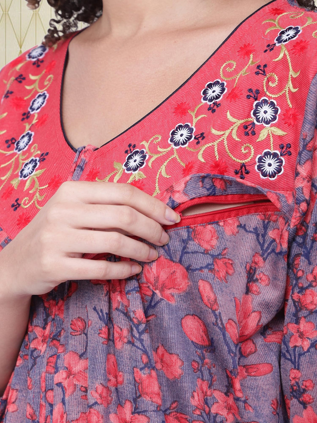 Noty ® Women's- Maternity | Feeding | Nursing | Nighty/Maxi/Gown- Poly Viscose Knits Fabric- Floral Embroidery, Zip on Both Sides, Full Sleeves