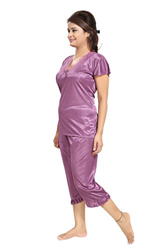 Noty Women's Satin Solid Maxi Nightwear Set Pack of 7 (Purple, Free Size)